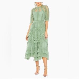 Mac Duggal High-Neck Gathered Tulle Midi-Dress, Jade